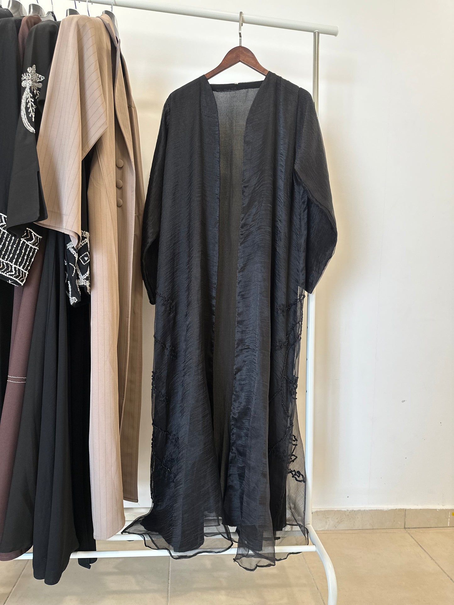 Chiffon abaya black with beaded bottom sides