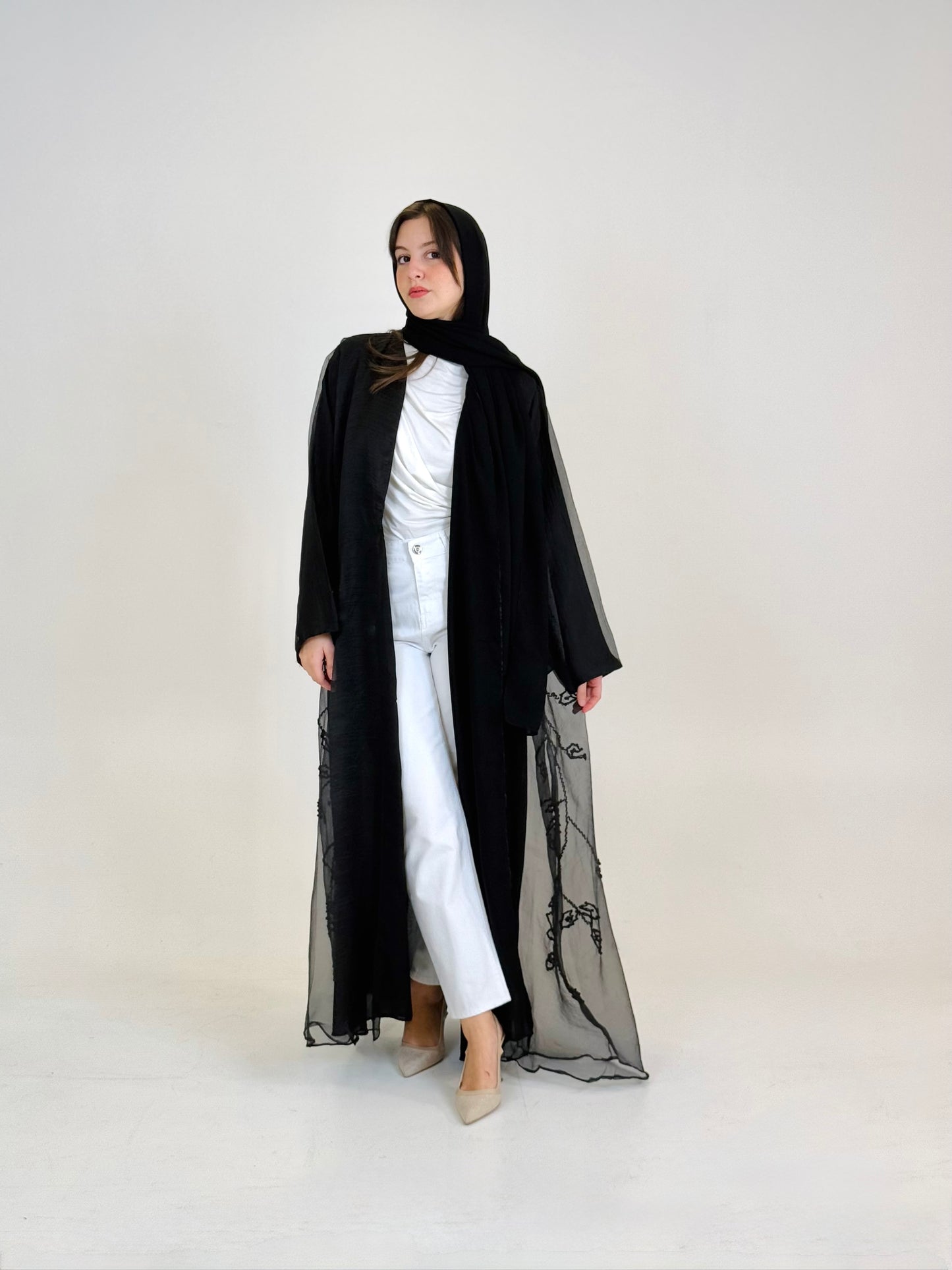 Chiffon abaya black with beaded bottom sides