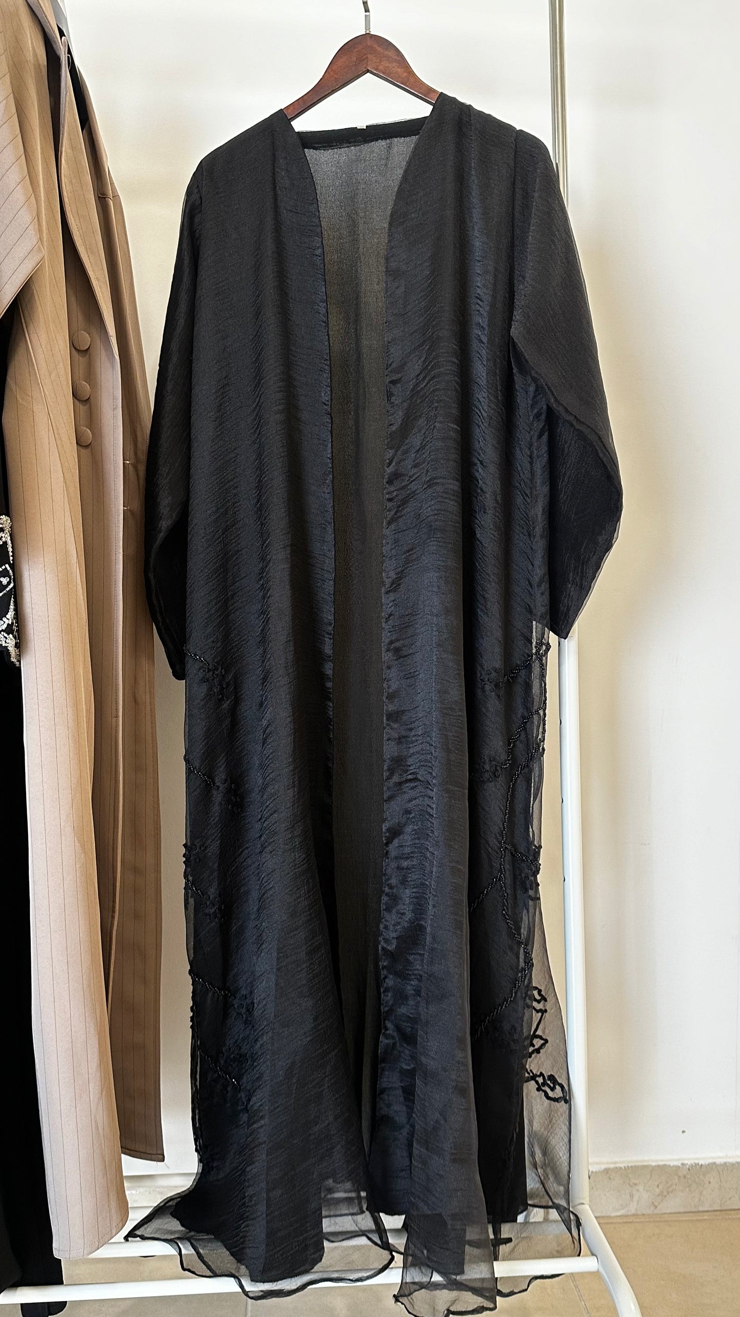 Chiffon abaya black with beaded bottom sides